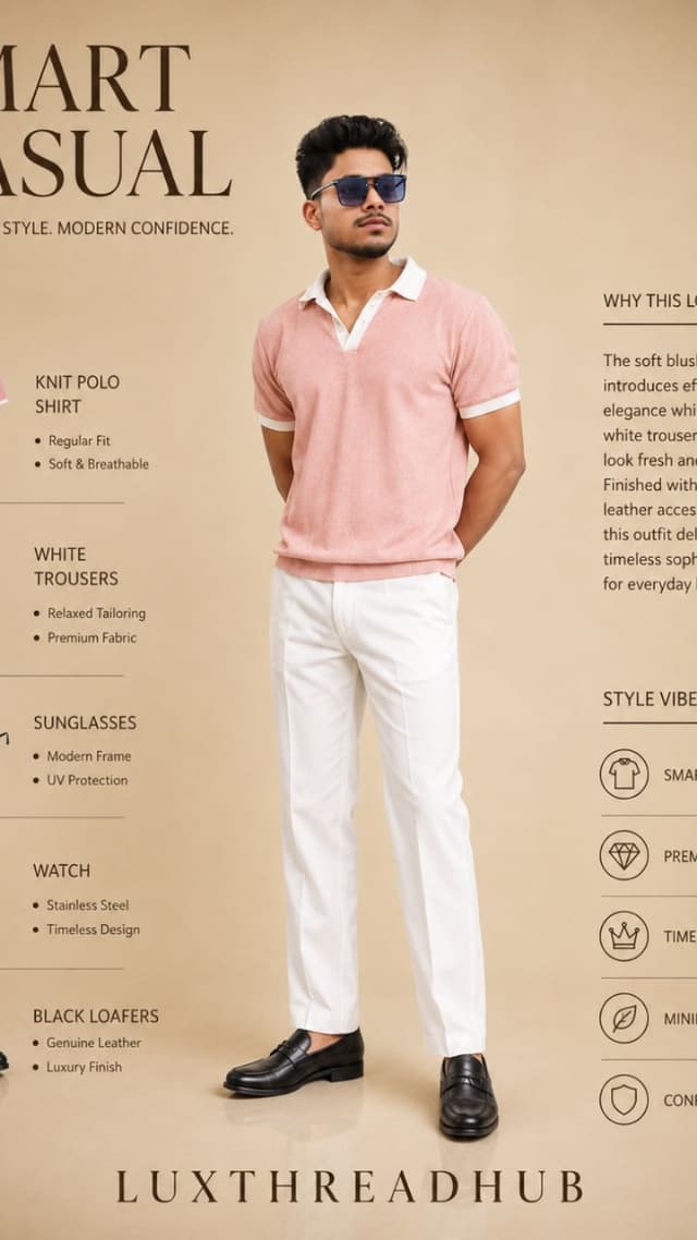 Smart Casual Pink Polo & White Trousers