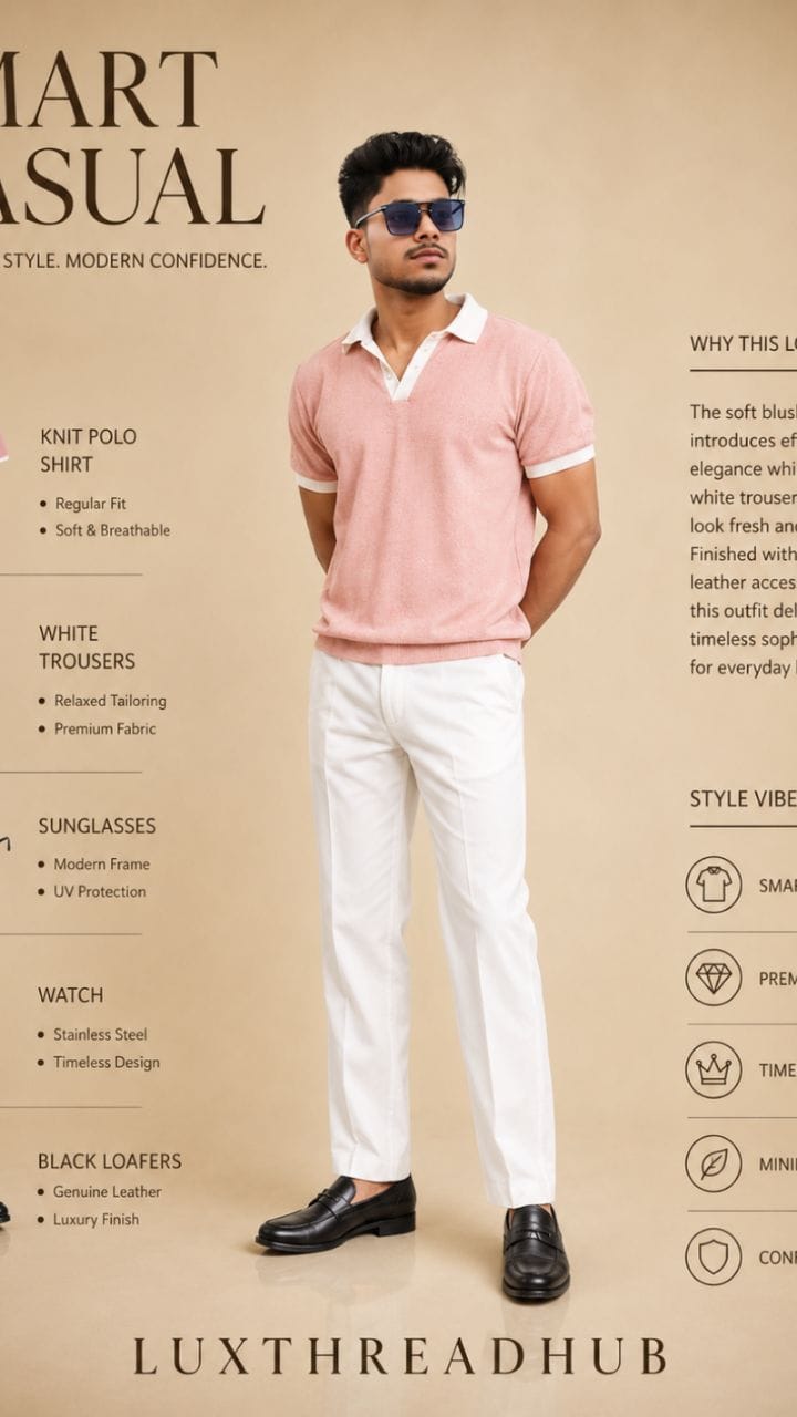 Smart Casual Pink Polo & White Trousers